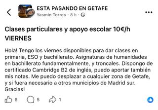 Clases particulares y apoyo escolar 10€/h VIERNES