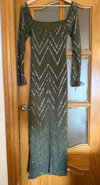 Vestido Ceremonia Pedrería tono Oliva Talla S