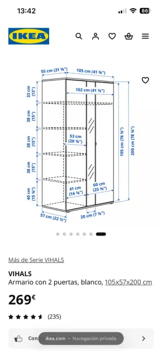 Vendo Armario de 2 puertas blanco, URGENTE.