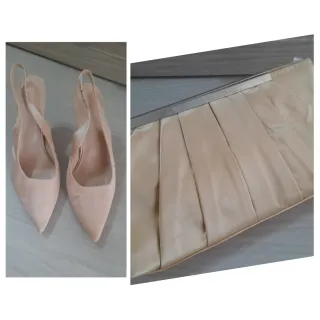 Scarpe slingback e pochette beige/oro