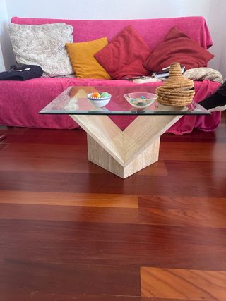 Mesa centro cristal y mármol travertino