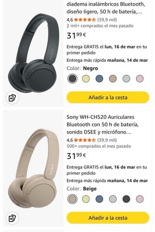 Auriculares Sony WH-CH520 Bluetooth Beige/Negro