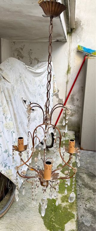 Lampadario Vintage Ottone e Cristalli