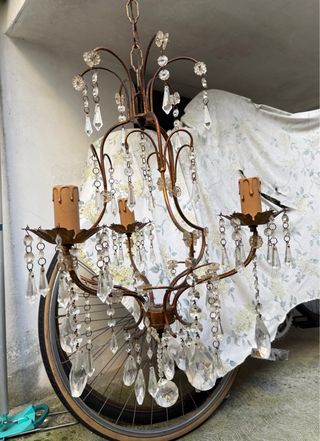 Lampadario Vintage Ottone e Cristalli