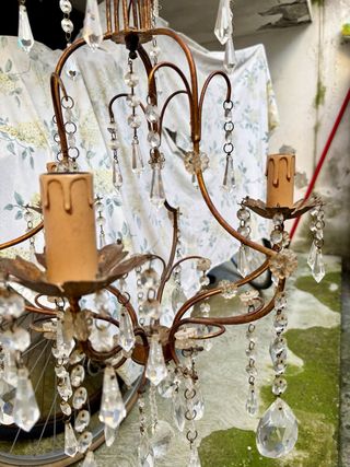 Lampadario Vintage Ottone e Cristalli