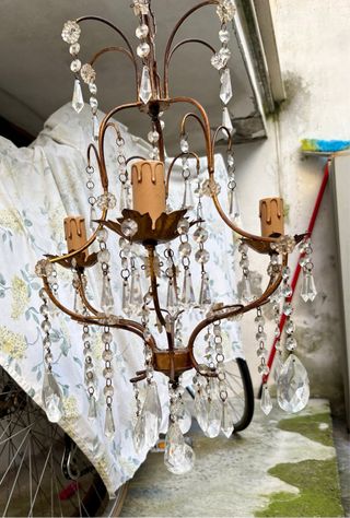 Lampadario Vintage Ottone e Cristalli