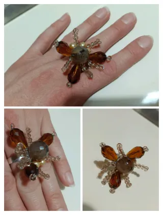 Anello vintage fiore perline marroni