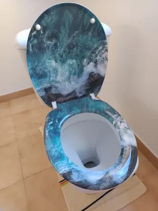 WC blanco de porcelana con tapa de plástico azul