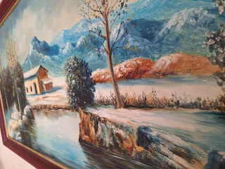 Cuadro al óleo antiguo paisaje invierno