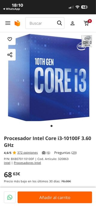 Procesador Intel Core i3-10100F 3.60GHz