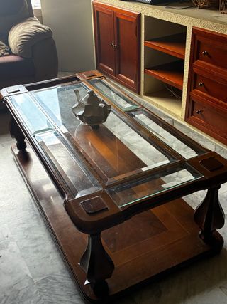 Mesa de centro de salón madera y cristal
