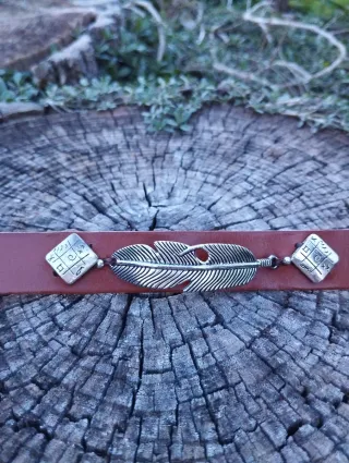 Pulsera piel Auténtica, Pluma plateada