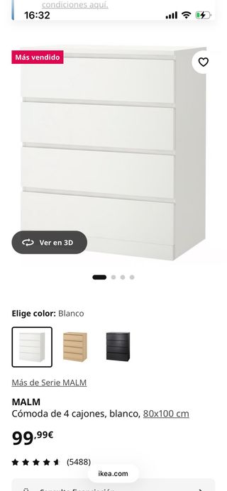 Cómoda MALM 4 cajones blanca 80x100cm