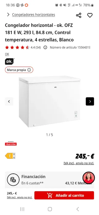 Congelador horizontal OK 293L 99% nuevo