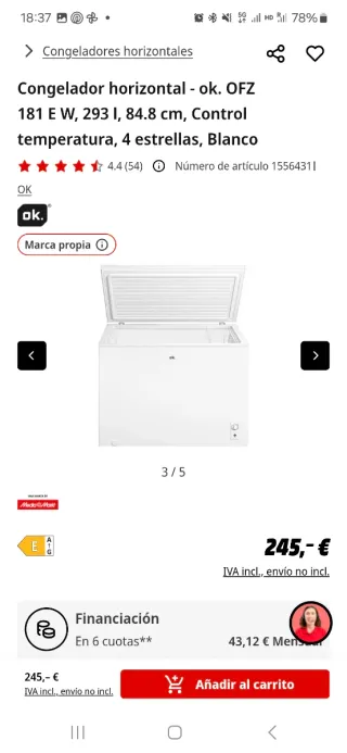 Congelador horizontal OK 293L 99% nuevo