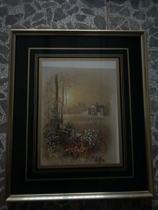 Cuadro paisaje con marco dorado y verde