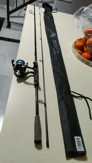 Caña y carrete de pesca spinning.