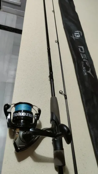 Caña y carrete de pesca spinning.