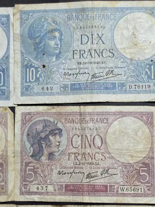 Lote Billetes Francia 5, 10, 20 Francos