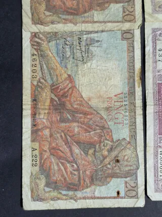Lote Billetes Francia 5, 10, 20 Francos