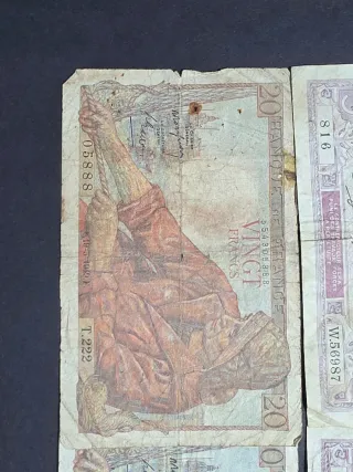 Lote Billetes Francia 5, 10, 20 Francos