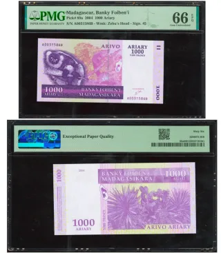 Billete Madagascar 1000 Ariary 2004 PMG 66 EPQ