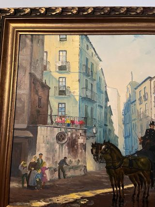 Cuadro Óleo Calle Carruaje Vintage Marco Dorado