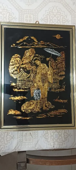 Cuadro Geisha Papel Oro y Plata
