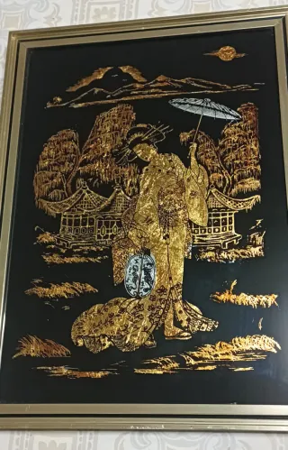 Cuadro Geisha Papel Oro y Plata