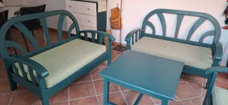 Sofá, sillón y mesa centro madera maciza