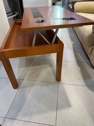 MESA CENTRO ELEVABLE MADERA Y CRISTAL BUEN ESTADO