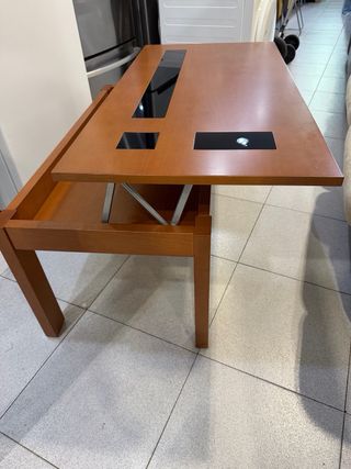 MESA CENTRO ELEVABLE MADERA Y CRISTAL BUEN ESTADO