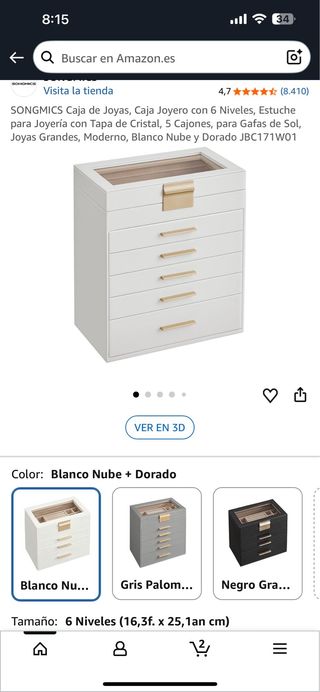 SONGMICS Joyero 6 Niveles Blanco Nube Dorado