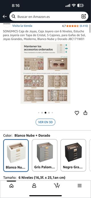 SONGMICS Joyero 6 Niveles Blanco Nube Dorado