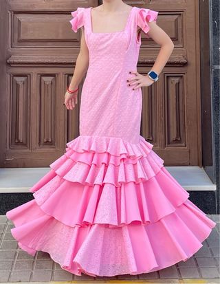Traje Flamenca Rosa tela perforada Talla 36 38 40