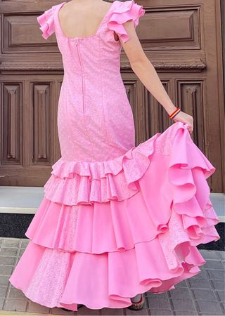 Traje Flamenca Rosa tela perforada Talla 36 38 40