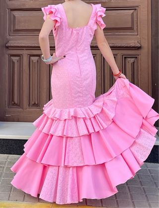 Traje Flamenca Rosa tela perforada Talla 36 38 40