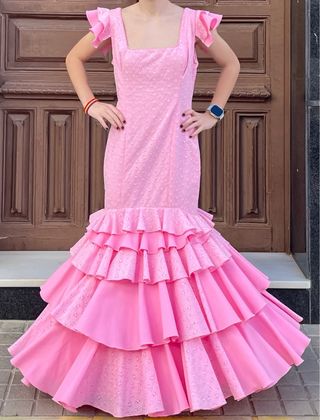 Traje Flamenca Rosa tela perforada Talla 36 38 40