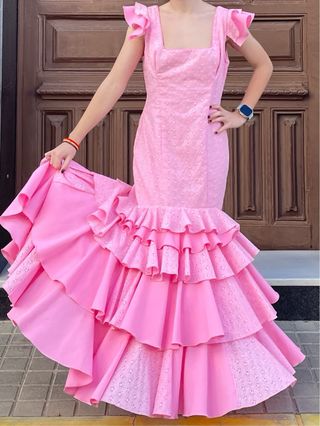Traje Flamenca Rosa tela perforada Talla 36 38 40