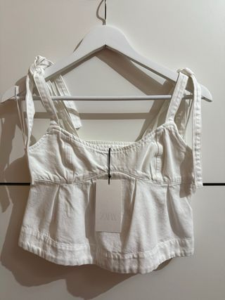 Top Denim Zara blanco tirantes lazo