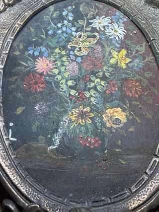 Cornice Antica Ottone con Natura Morta Fiori