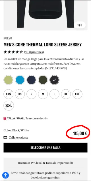 Maillot Rapha Core Thermal NUEVO Gris Talla S