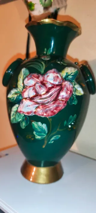 Antico Vaso Portafiori Ceramica Verde e Decori In