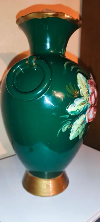 Antico Vaso Portafiori Ceramica Verde e Decori In