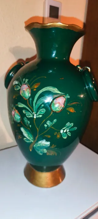 Antico Vaso Portafiori Ceramica Verde e Decori In
