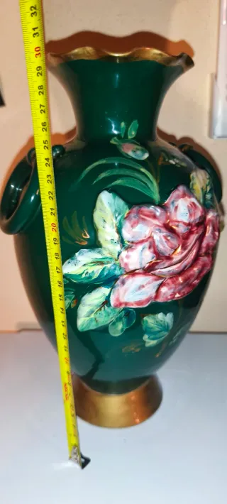 Antico Vaso Portafiori Ceramica Verde e Decori In