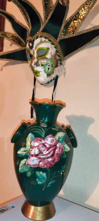 Antico Vaso Portafiori Ceramica Verde e Decori In