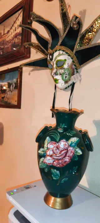 Antico Vaso Portafiori Ceramica Verde e Decori In