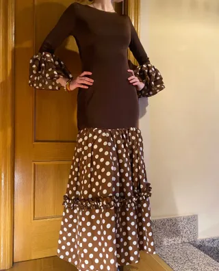 Vestido Flamenca Marrón Lunares Blancos
