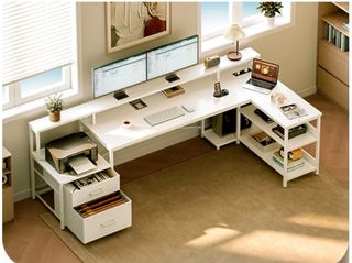 Escritorio en L blanco metal y madera